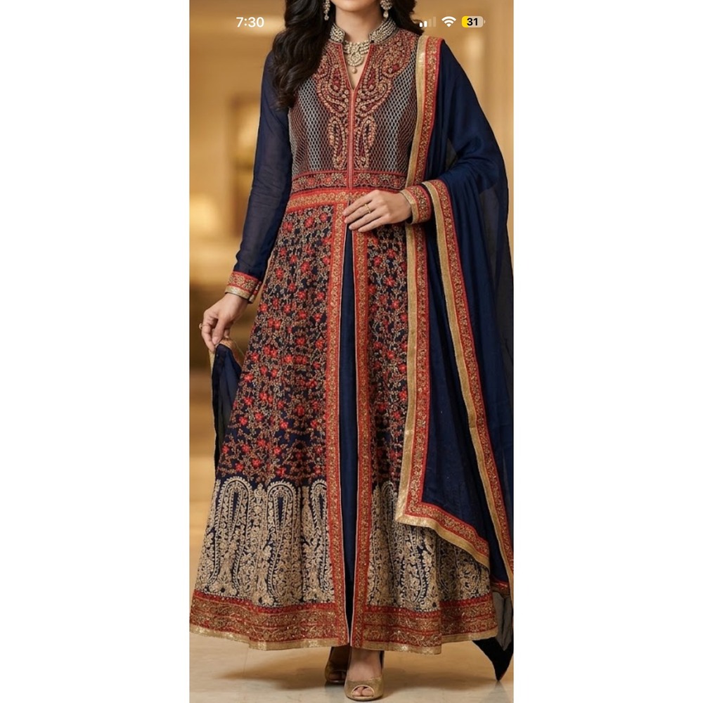 Women Navy Blue Embroidered Anarkali Suit Set 3 Piece Wedding Partywear